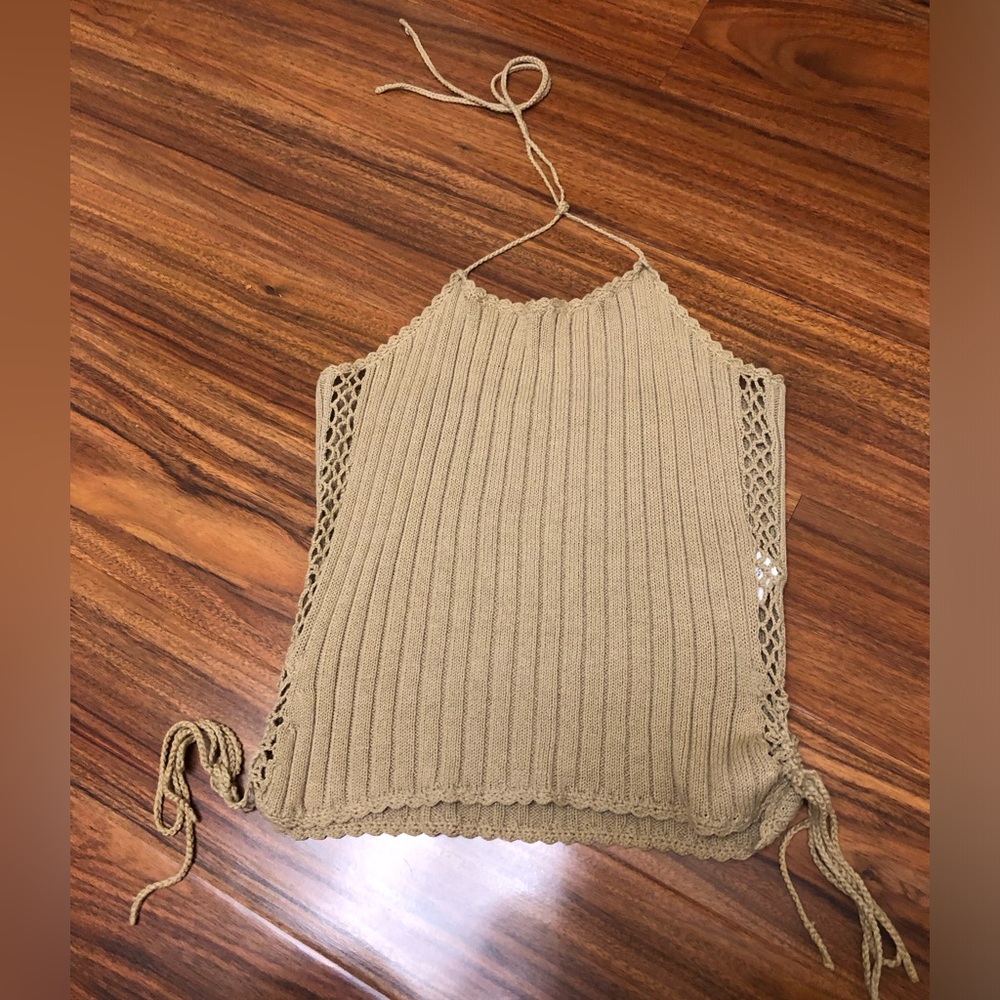 Byblos Tan Ribbed Halter Knit Tank with Crochet Sides